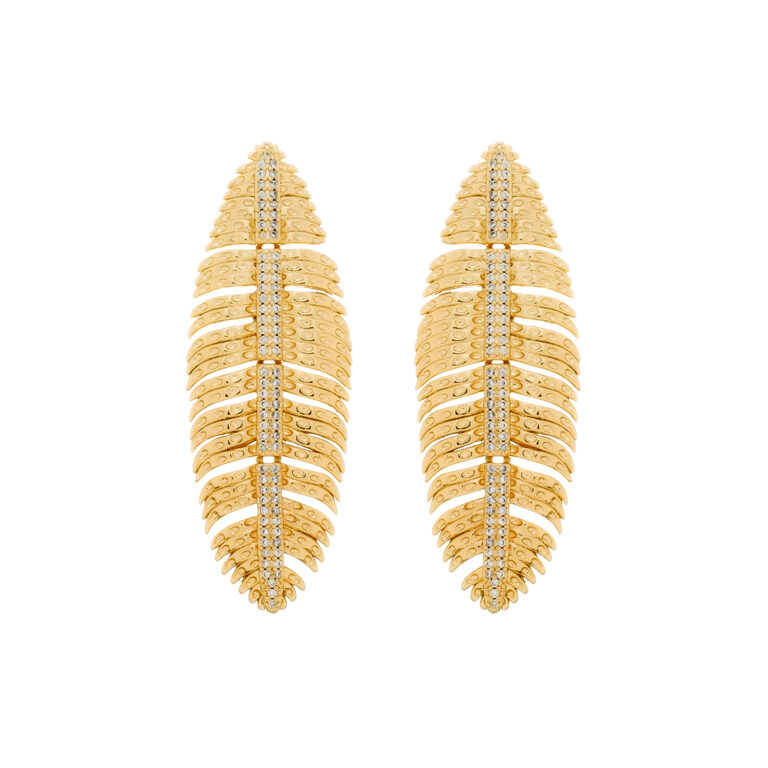 Brinco Dourado de Pena Cravejado de Zircônia