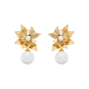 Brinco Dourado com Folhas em Zircônia e Pérolas