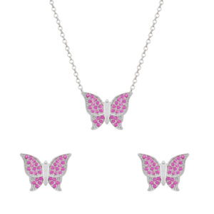 Conjunto Prateado de Borboletas Cravejado de Zircônia Rosa