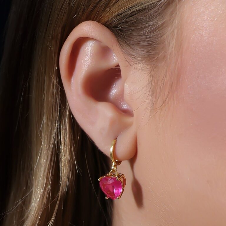 Brinco Dourado Argolinha Pedra de Coração Rosa - Imagem 2