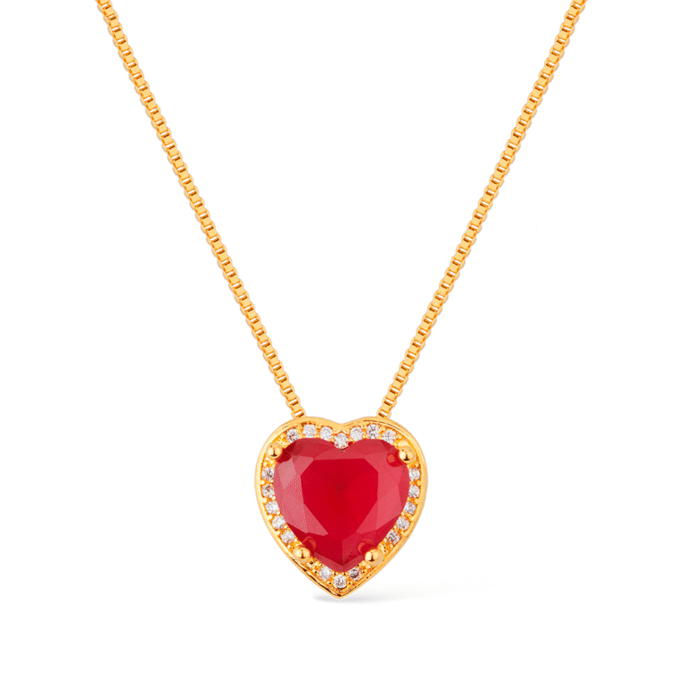 Colar Dourado de Pedra Natural Vermelha Coração Cravejado de Zircônia