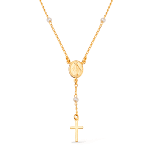 Colar Dourado Religioso Terço Cruz e Pérolas