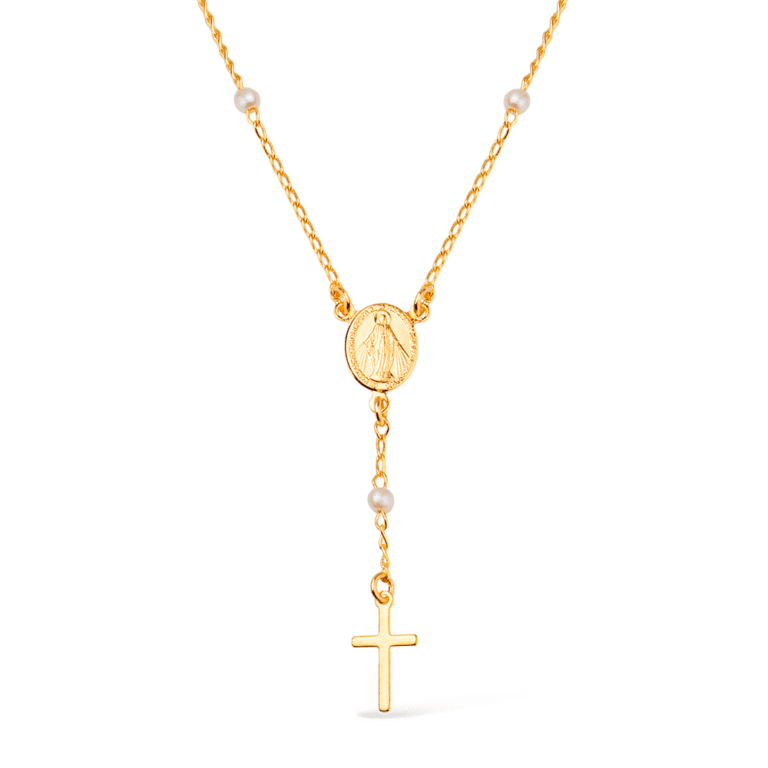 Colar Dourado Religioso Terço Cruz e Pérolas