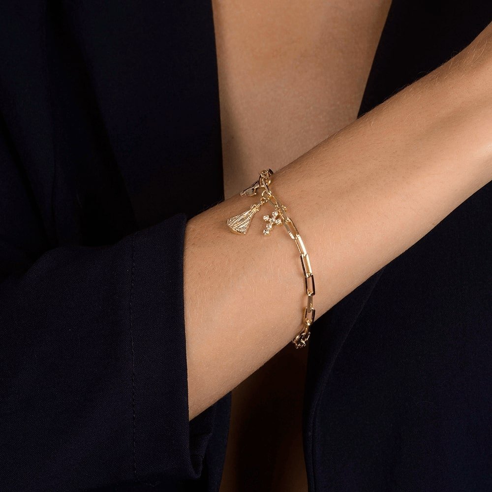 Pulseira Dourada Religiosa Nossa Senhora, Espírito Santo e Cruz Cravejada de Zircônia - Imagem 2