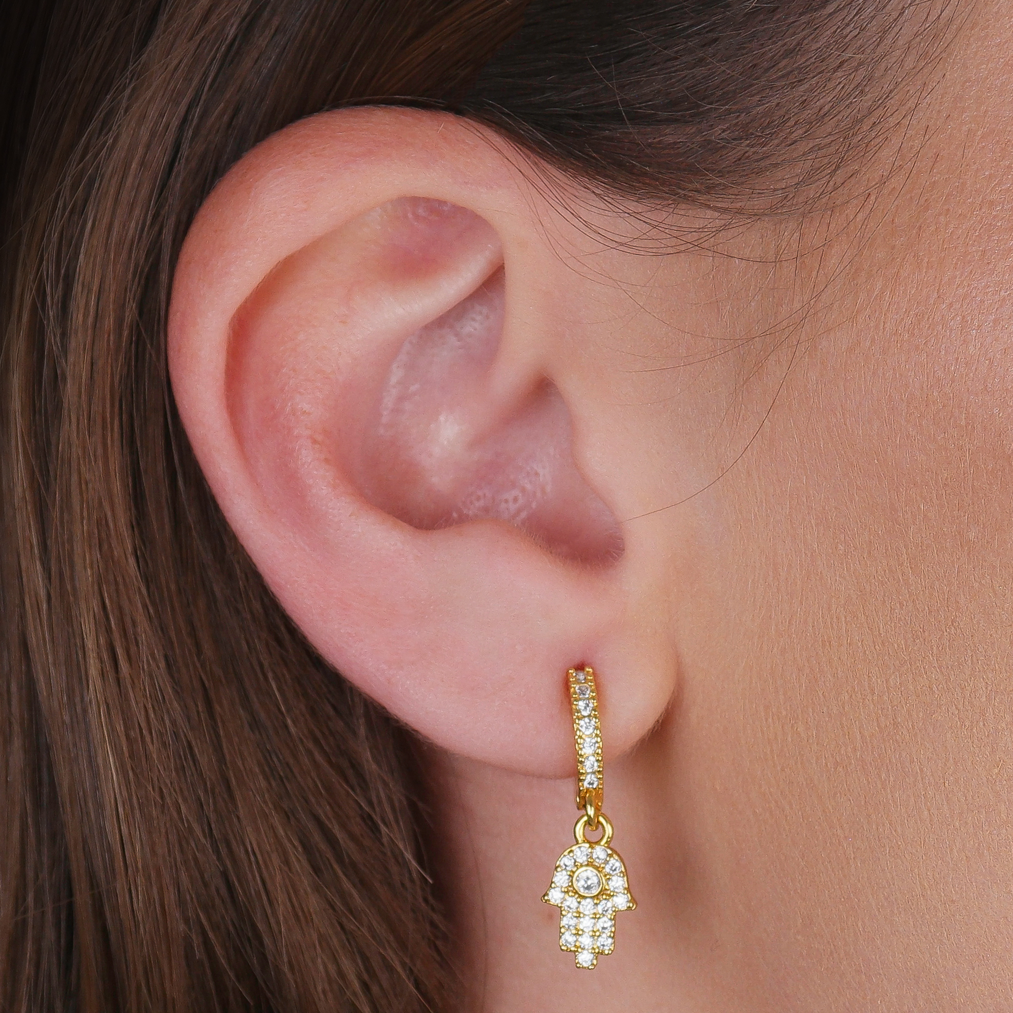 Brinco Dourado Argolinha Mãos de Fátima Cravejado Zircônia - Imagem 2