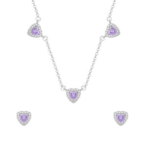 Conjunto Prateado de Coração Lilás Cravejado de Zircônia