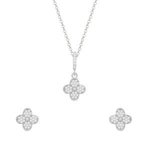 Conjunto Prateado de Trevo Cravejado de Zircônia