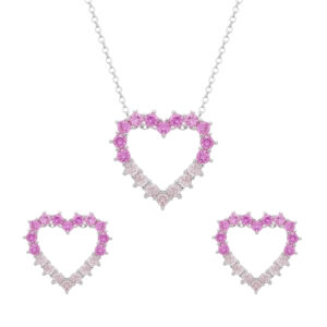 Conjunto Prateado de Coração Vazado Cravejado de Zircônia Rosa Dois Tons