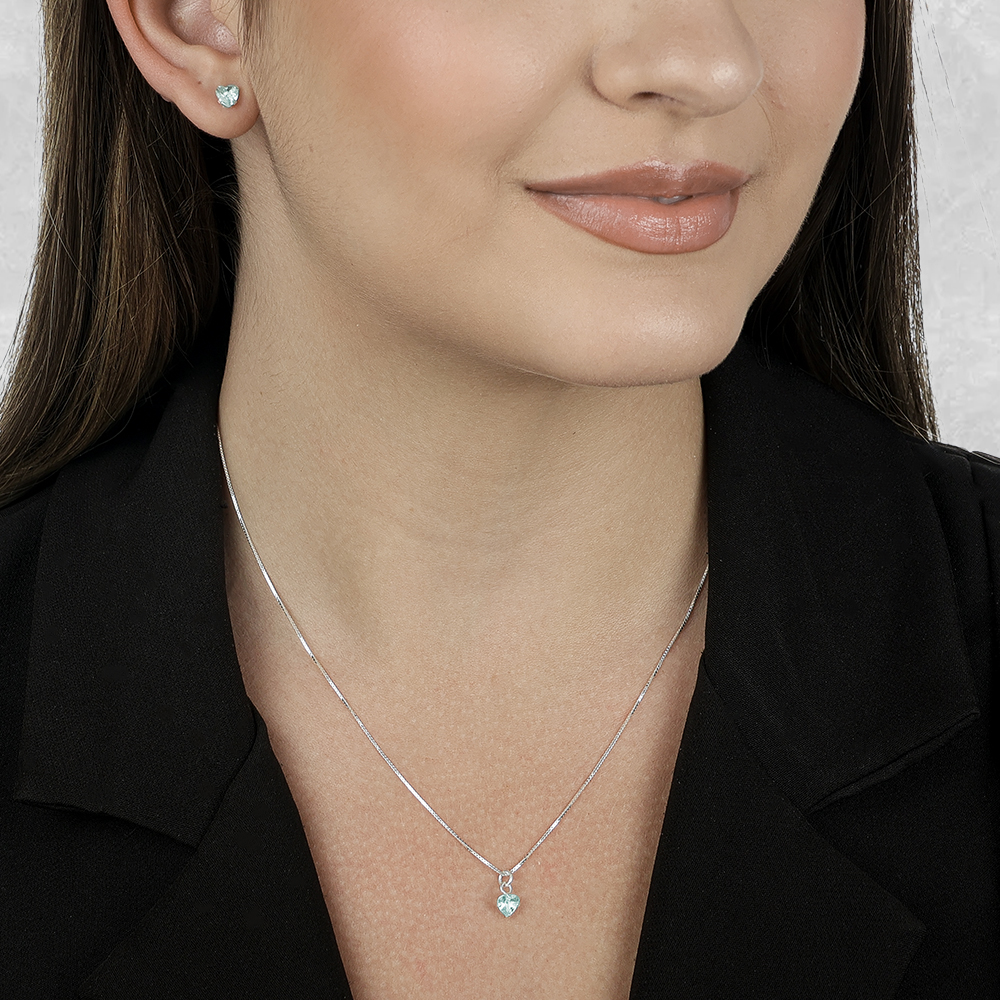 Conjunto de Coração Azul em Zircônia Prata 925 - Imagem 2