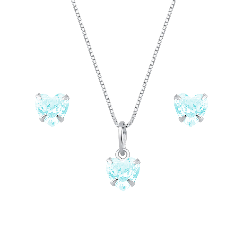 Conjunto de Coração Azul em Zircônia Prata 925